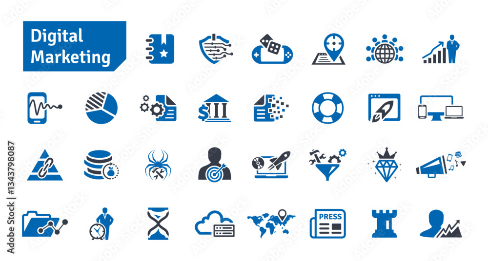 Digital Marketing and SEO Blue Icons Set. Social Media, Communication, Technology, Advertising, Ecommerce, Cyberspace, Target Audience, Website Icons Vector Illustration Digital Marketing and SEO Blue Icons Set. Social Media, Communication, Technology, Advertising, Ecommerce, Cyberspace, Target Audience, Website Icons Vector Illustration