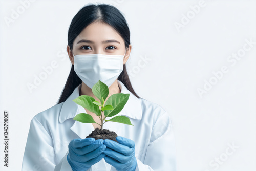Filipino female environmental scientist holds plant while promoting sustainability and conservation efforts