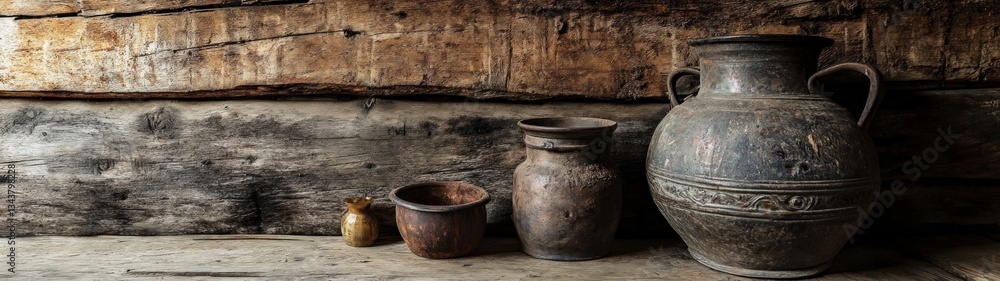 Rustic Antique Pots and Jars Arranged on a Wooden Surface Rustic Antique Pots and Jars Arranged on a Wooden Surface
