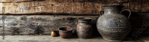 Rustic Antique Pots and Jars Arranged on a Wooden Surface