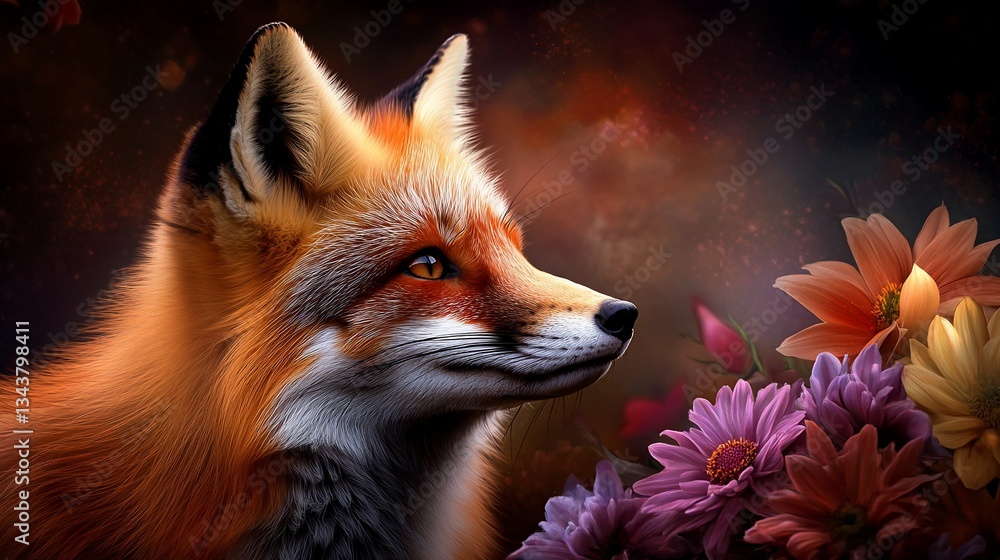Obraz premium Captivating fox portrait amidst a vibrant floral display with mystic ambiance