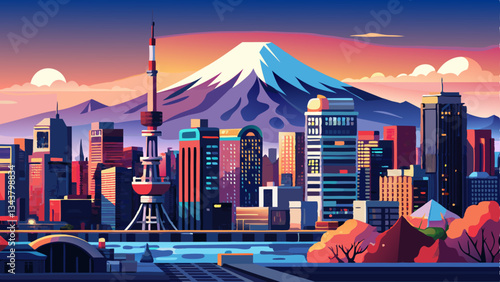 Tokyo skyline with Mount fuji panolamic view, twilight scene of city buildings with snow-covered Fuji background, majestic dynamic urban landscape in japan, commercial, editorial travel .