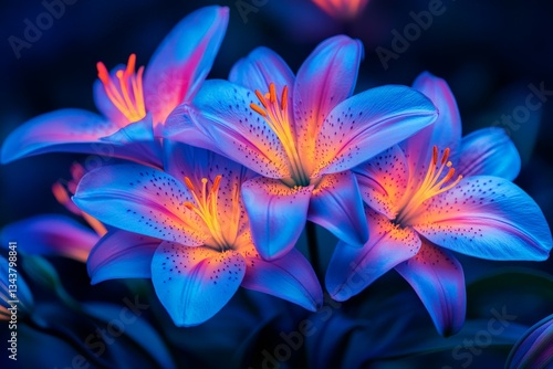 Brightly colored lilies bloom in vibrant shades at night in a serene garden setting