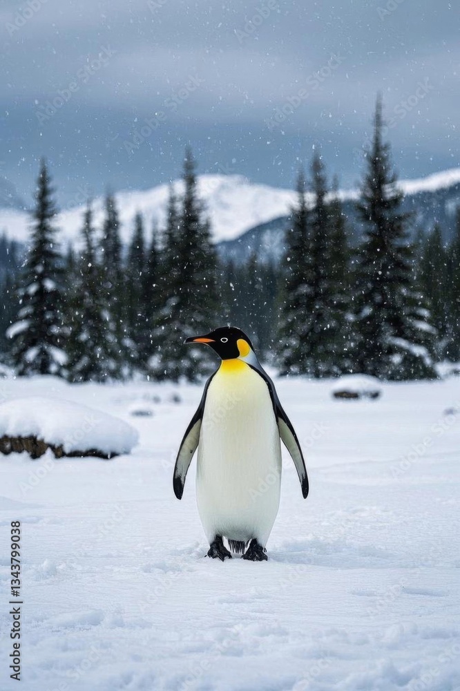 Fototapeta premium there is a penguin walking in the snow with trees in the background