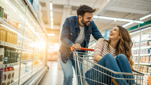 young couple shopping and playing in supermarket