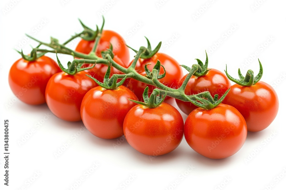 Fresh cherry tomatoes on a vine, showcasing vibrant colors and natural freshness in a studio setting Fresh cherry tomatoes on a vine, showcasing vibrant colors and natural freshness in a studio setting