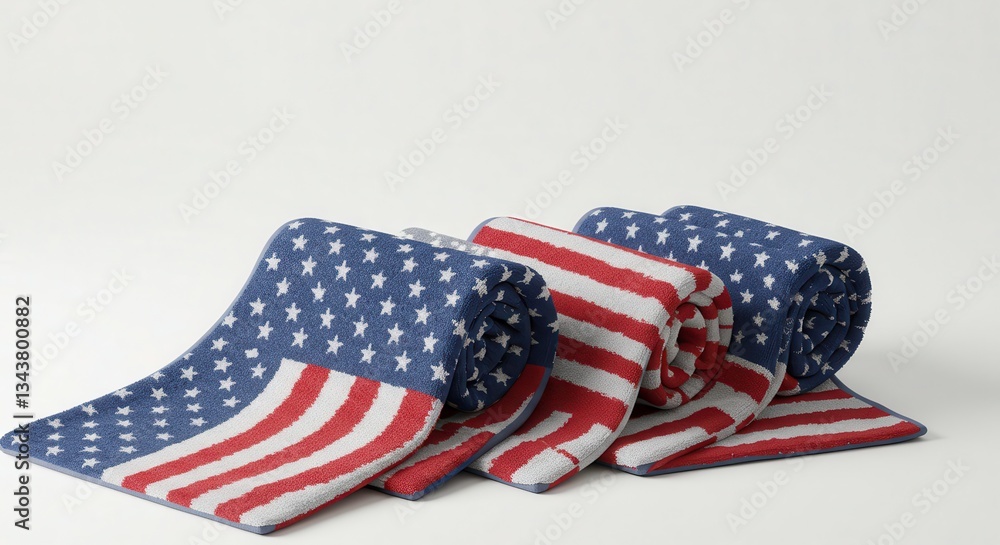 Obraz premium Rolled Patterned Towels Displaying Stars and Stripes Design on Neutral Background