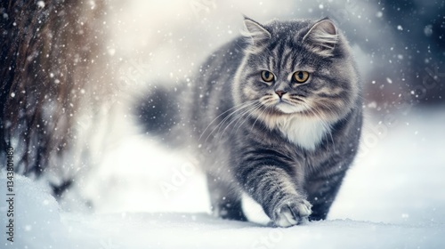 A fluffy gray cat gracefully walks through a snowy landscape, surrounded by softly falling snowflakes