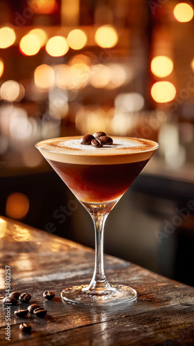 Wallpaper Mural Elegant Espresso Martini cocktail in a classic martini glass with a frothy top, garnished with coffee beans, served on a rustic bar counter with warm bokeh lights in the background. Torontodigital.ca