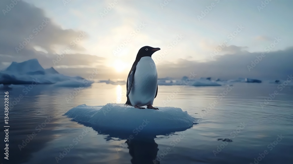 Obraz premium A penguin is standing on a piece of ice in the ocean