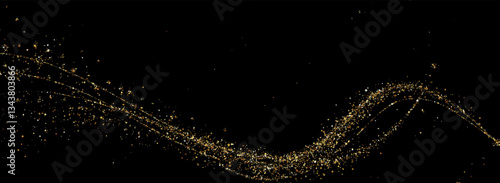 Golden glistering background with sparkling wave dust and abstract star trails. Perfect for festive greetings, New Year banners, cosmic fireworks, or luxury seasonal effects. Vector illustration.