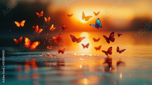 Wallpaper Mural Colorful butterflies flying over calm water at sunset. Torontodigital.ca