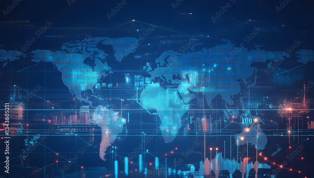 Global Network Data Visualization Futuristic World Map with Data Analytics Global Network Data Visualization Futuristic World Map with Data Analytics