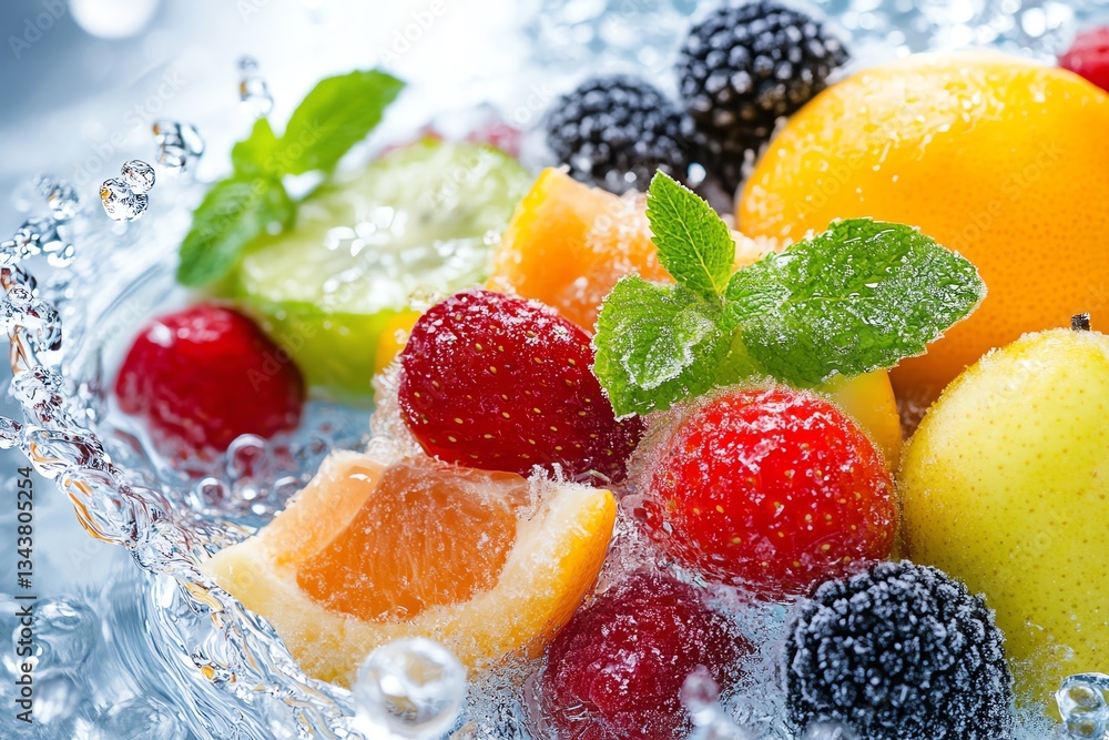 Fresh fruits splash in water, showcasing vibrant colors and refreshing nature. Fresh fruits splash in water, showcasing vibrant colors and refreshing nature.