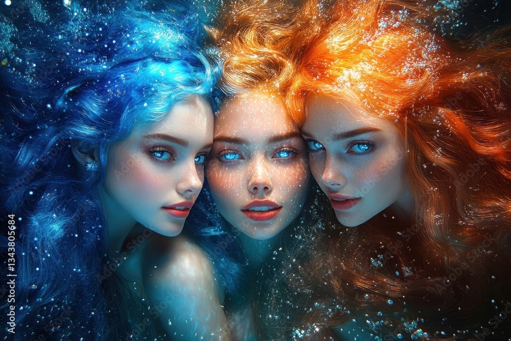 Obraz premium Three Ethereal Mermaids with Vibrant Hair Colors in Underwater Setting