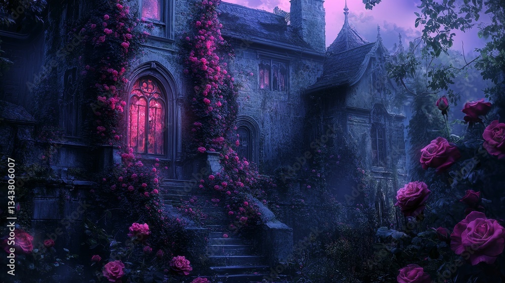 Fototapeta premium Gothic mansion shrouded in roses at twilight.
