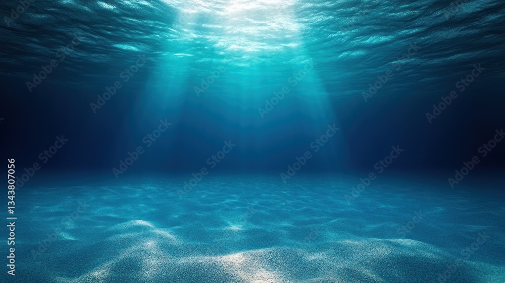 Fototapeta premium Underwater Scene with Sunlight Penetrating Blue Ocean Surface and Sandy Seabed