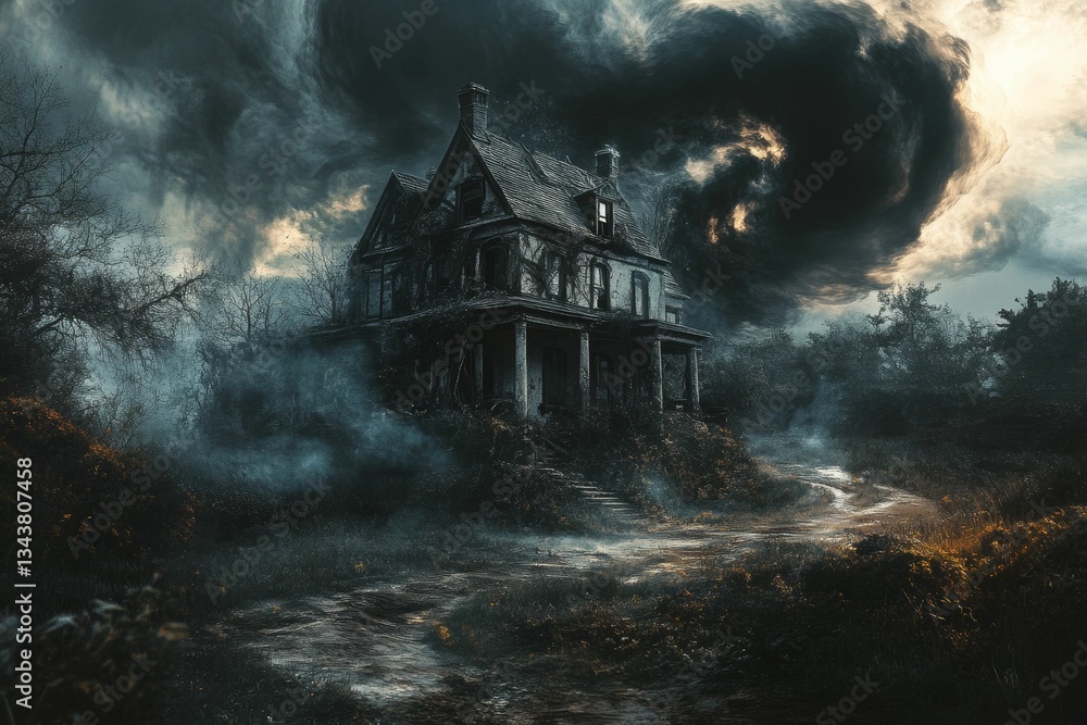 Fototapeta premium Haunted house under stormy skies dark road