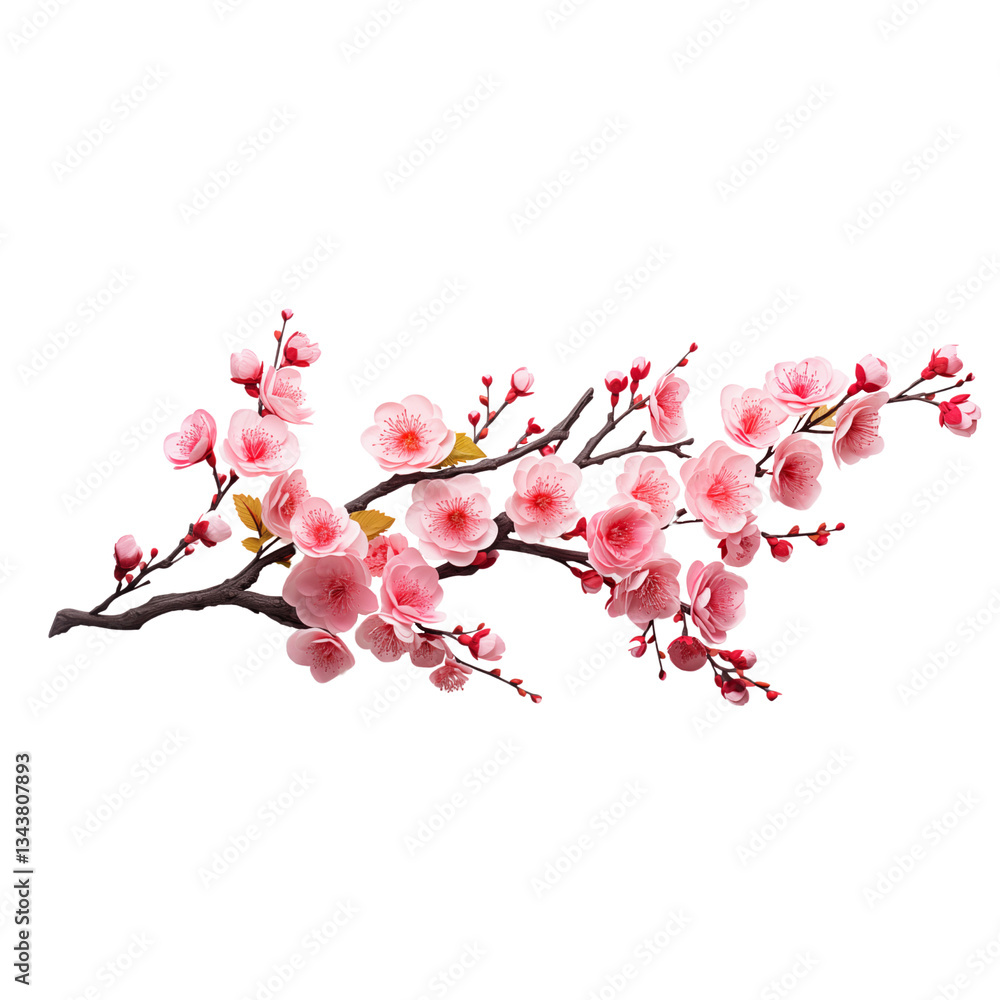 Cherry blossom branch with pink flowers and buds against a white background capturing the essence of springtime beauty Cherry blossom branch with pink flowers and buds against a white background capturing the essence of springtime beauty