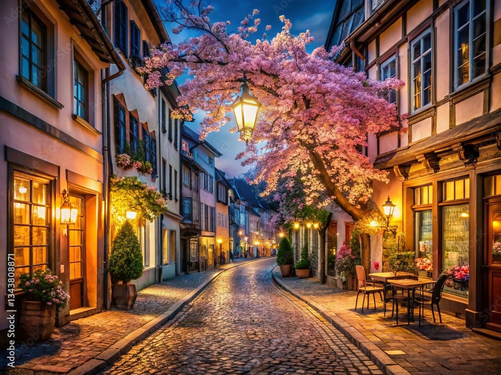 Naklejka premium Charming European Night Street: Cherry Blossoms & Cozy Shops