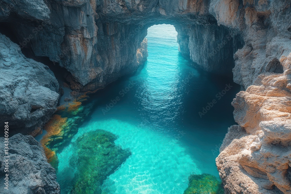 Aerial View of the Volcanic Coastal Cave Sykia on Milos Island in the Cyclades with Turquoise Waters and Rocky Cliffs Aerial View of the Volcanic Coastal Cave Sykia on Milos Island in the Cyclades with Turquoise Waters and Rocky Cliffs