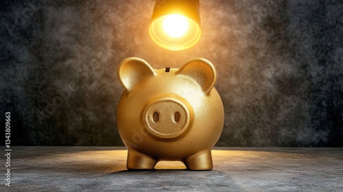 Shiny Golden Piggy Bank Illuminated by Spotlight on Grey Stone Background, Concept of Saving Money, Investment, Wealth, Finance, and Financial Inspiration