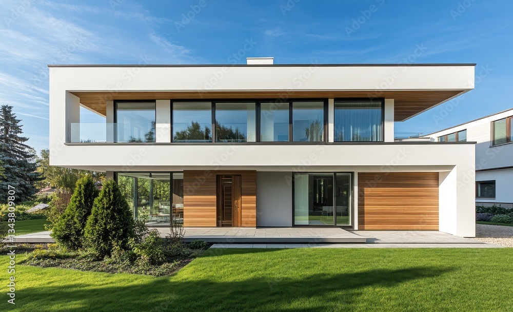 Modern minimalist house with large windows and lush garden. Modern minimalist house with large windows and lush garden.