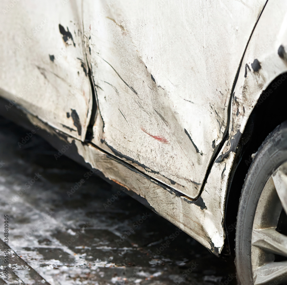 Side view of white car with extensive visible rear door damage, including dents, scuffs, chipped paint, and scratches, aftermath of an accident or collision. Damaged rear door closeup. SELECTIVE FOCUS