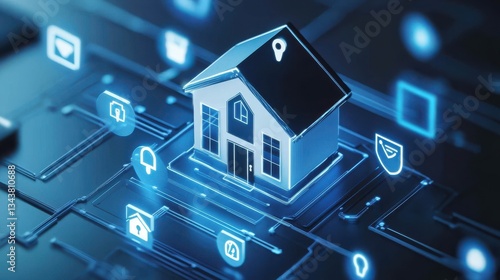 Smart Home Concept with Digital Icons Representing Security, Technology, and Connectivity in a Modern Home Environment with Blue Hue and Circuit Patterns