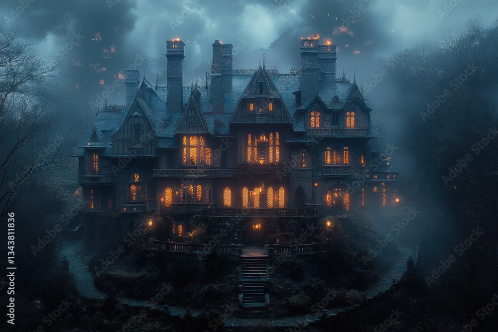 Fototapeta premium Mysterious Gothic Mansion with Golden Lights in Foggy Night Atmosphere