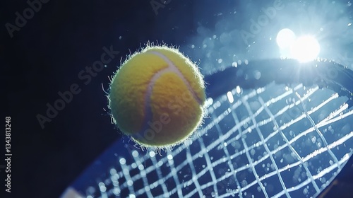 Tennis Ball in Action, Captivating Shot of a Yellow Tennis Ball Approaching a Racket Net with Dramatic Light and Motion Effect, Ideal for Sports Themes and Tennis Illustrations
