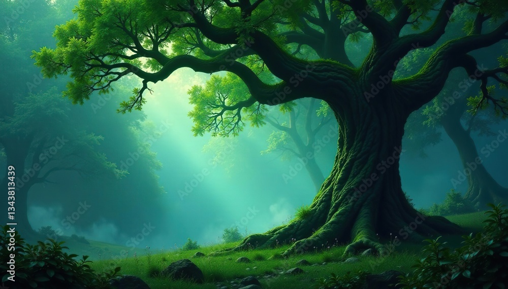 Fototapeta premium Ancient tree isolated in a mystical forest environment, forest, misty, ancient