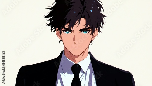 Wallpaper Mural Young man with dark tousled hair wearing a black suit and tie, serious expression, teal eyes, anime style, flat illustration, minimalist background Torontodigital.ca