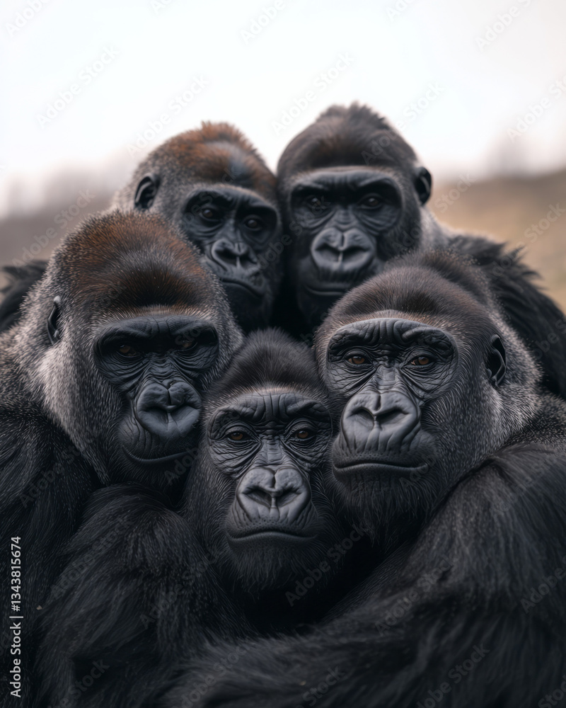 Obraz premium Dramatic portrait photograph of social gorillas closely gathered, presented in socialist realism