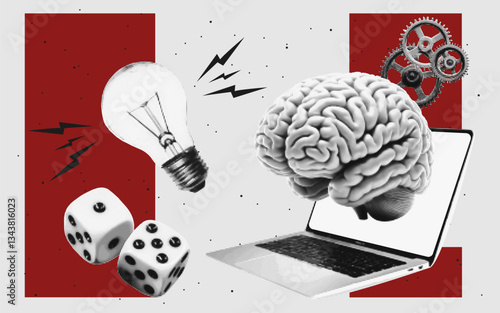 Art collage halftone elements creative mind or brainstorm. Think outside the box. Create creative idea concept. Vector illustration.