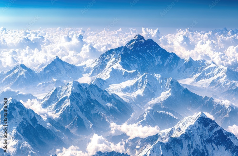 Obraz premium Snow-capped mountains contrast beautifully with the deep blue sky and white clouds