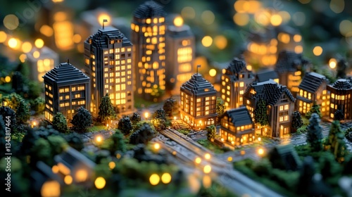 Detailed miniature city at night, lit up buildings and streets