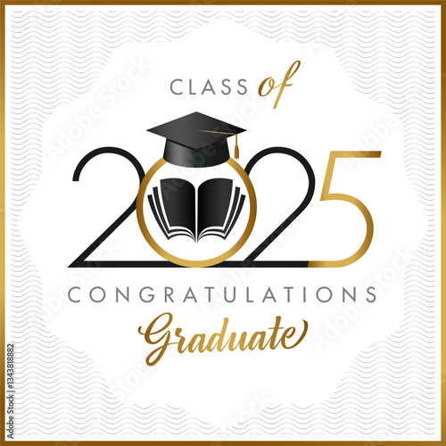 Class of 2025 congratulations graduate. Document backdrop, golden frame, open book, creative typography. Cretificate template for 2025th graduates. Graduating greetings. Happy Graduation Day congrats.