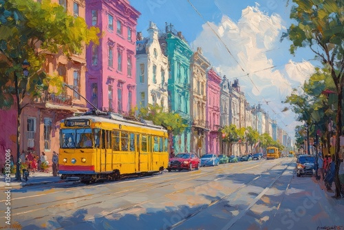 Vibrant European Street Scene with Colorful Houses and Yellow Tram in Impressionist Style