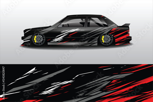 Sleek black racing car with dynamic red and white graphics, showcasing speed and style