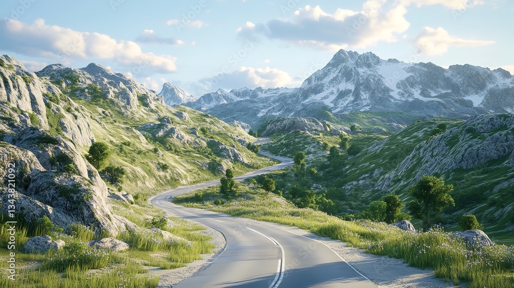 Fototapeta premium A serene mountain road curves gently through lush greenery beneath a vast blue sky