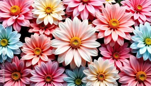 Symmetrical dahlia arrangement, pastel hues, repeating motif, print, gentle