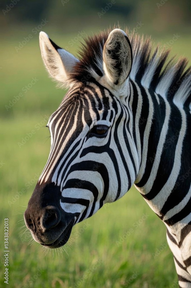 Naklejka premium zebra standing in a field of grass with a blurry background