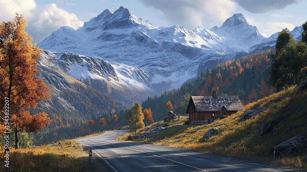 A serene mountain road curves gently through lush greenery beneath a vast blue sky A serene mountain road curves gently through lush greenery beneath a vast blue sky