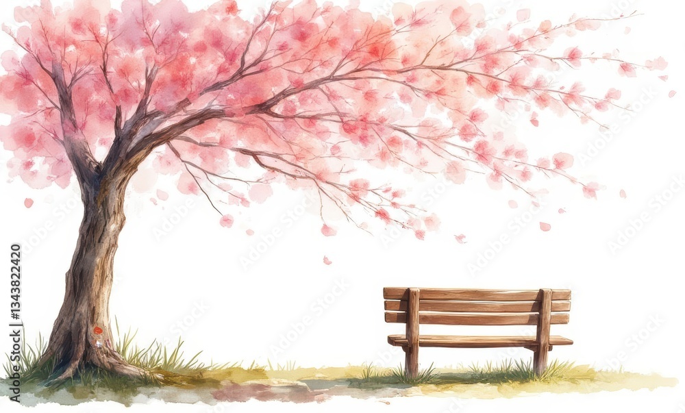 Serene bench under blooming cherry blossom tree Serene bench under blooming cherry blossom tree