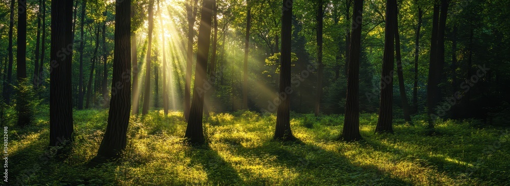 Fototapeta premium Sunlight filtering through a dense forest, casting beautiful shadows.