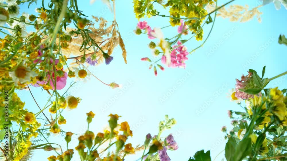 Flying inside Meadow Flowers with Blue Sky. Camera in Motion Moving up in the Air. Filmed on High Speed Cinema Camera. Wide Angle Macro Shot. Flying inside Meadow Flowers with Blue Sky. Camera in Motion Moving up in the Air. Filmed on High Speed Cinema Camera. Wide Angle Macro Shot.