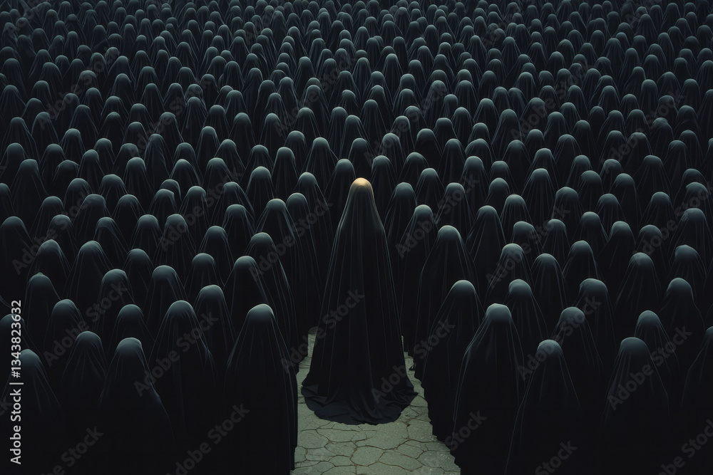 Obraz premium A queen without a kingdom standing in the center of a faceless crowd, the only one whose reflection