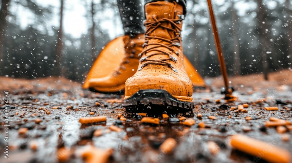 Exploring a rainy forest trail with sturdy hiking boots during an adventure camping trip Exploring a rainy forest trail with sturdy hiking boots during an adventure camping trip