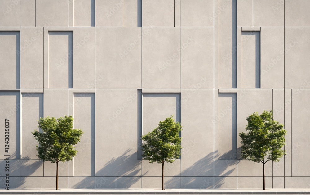 Modern building facade with trees, light, and shadows Modern building facade with trees, light, and shadows